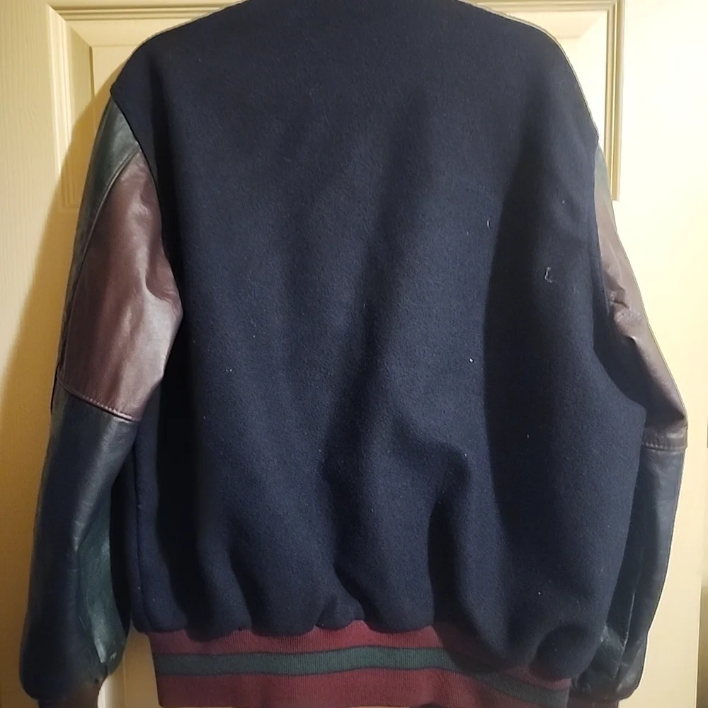 Holloway Black Navy Wool & Leather Bomber Jacket Varsity